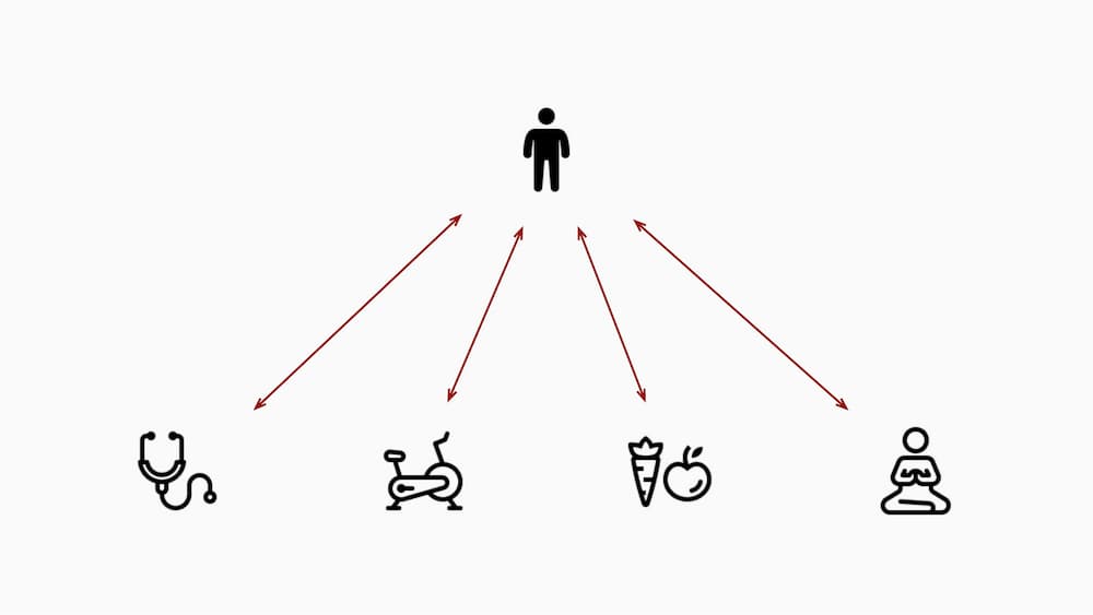 A diagram with a person icon at the top, and separate channels for interacting with doctors, trainers, dieticians, and wellness experts.