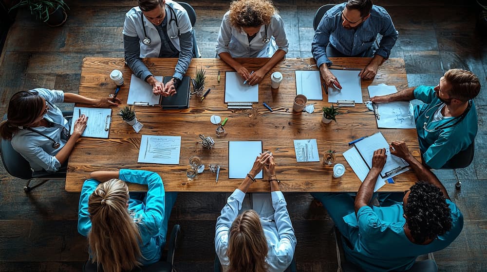 A team of experts gathered around a wooden table with papers, coffee cups. View from above.